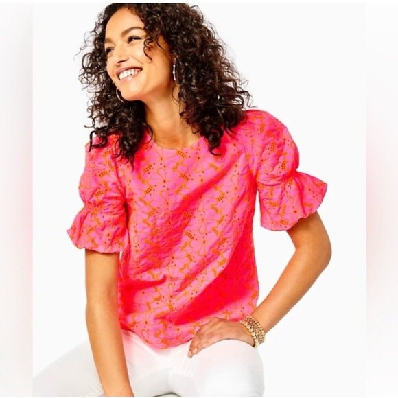 Lilly Pulitzer Tops - Lilly Pulitzer Lailah Top Neon Pink Orange Embroidered Eyelet Floral Glam XL